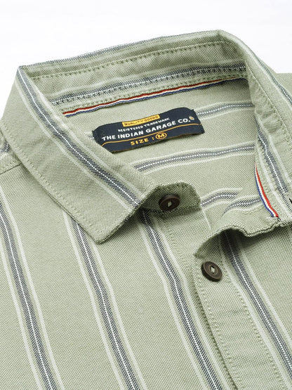 The Indian Garage Co Men Green Striped Slim Fit Cotton Casual Shirt