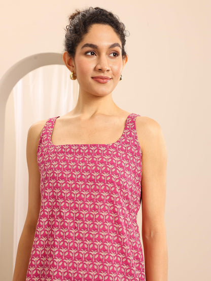 Libas Womens Printed Cotton Straight Kurti For Women Pink