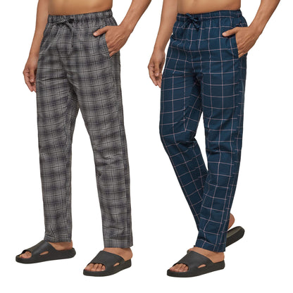 XYXX Mens Super Combed Cotton Checkered Checkmate Pyjamas [Pack of 2] Elasticated Waist, Drawstring | Loungewear for Men in Bla