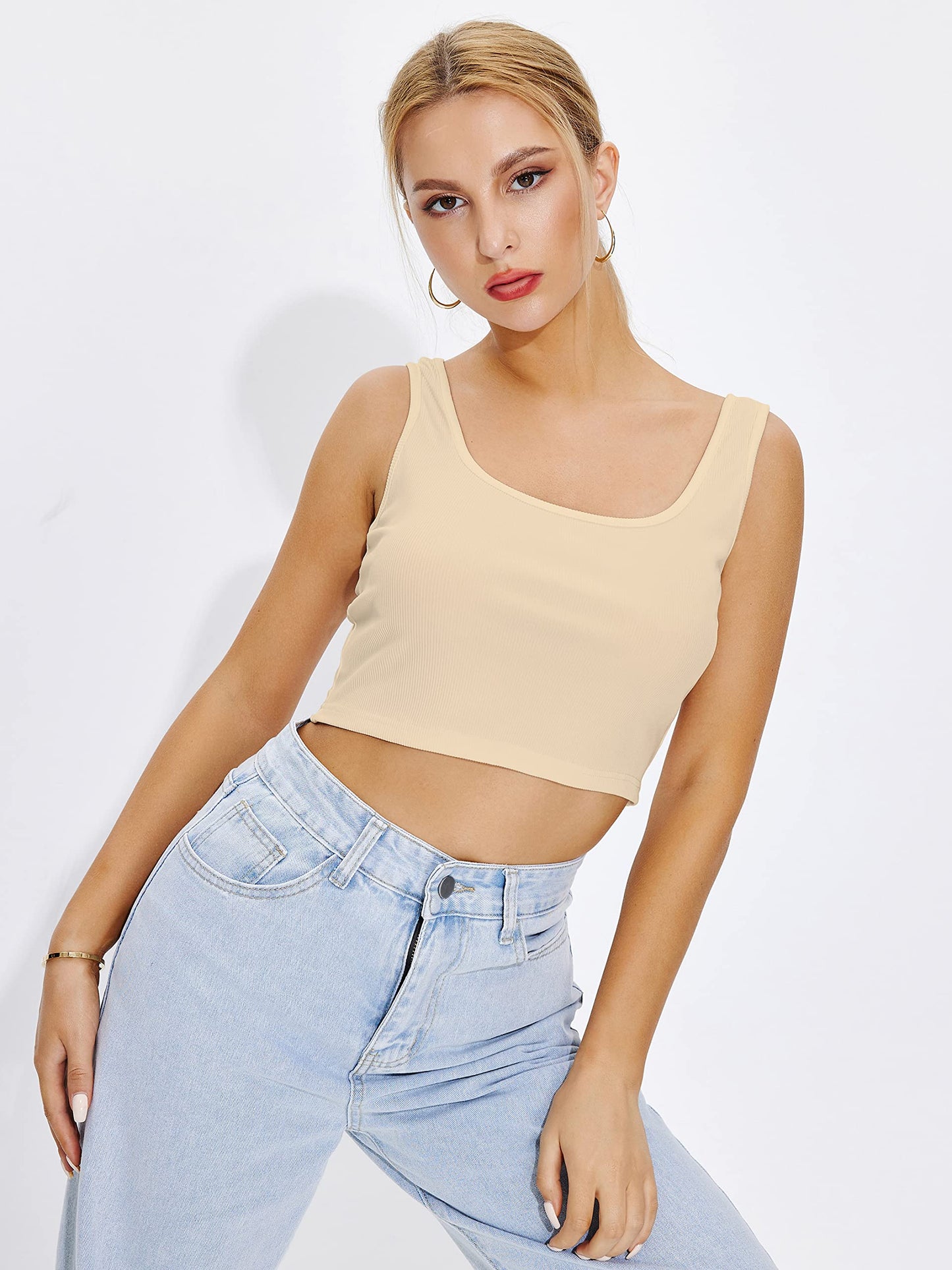 Shasmi Womens & Girls Solid Ribbed Square Neck Collarless Sleeveless Slim Fit Simplicity Tank Tops (Pack of 2) (TOP 36 Skin Sk