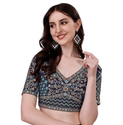 Pujia Mills Mills WomenS Fancy Readymade Heavy Coding Embroidary Worked Half Sleeve Multicolor Saree Blouse(Mushroom) (Navy Blu