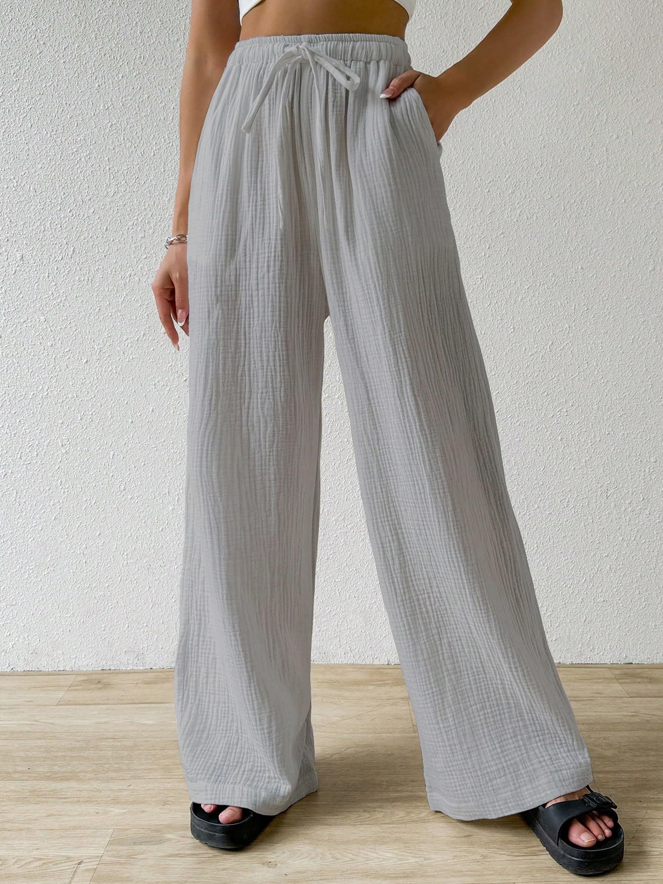 Shasmi Womens Light Grey Loose Wide-Leg Pants with Textured Wrinkled Fabric and Drawstring Waist Long Trousers (Pant 157 Light