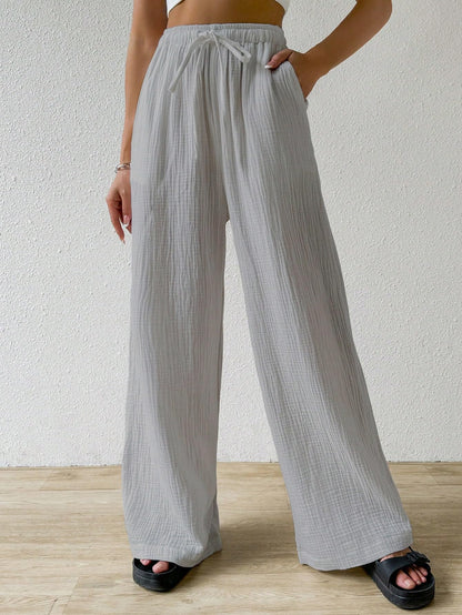 Shasmi Womens Light Grey Loose Wide-Leg Pants with Textured Wrinkled Fabric and Drawstring Waist Long Trousers (Pant 157 Light