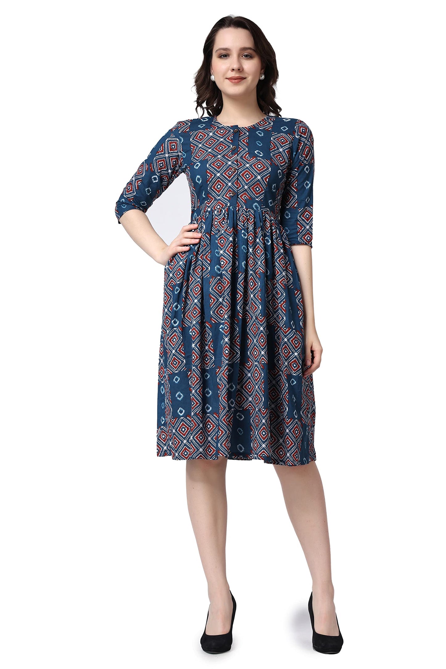 Popwings Casual Printed Peplum-Style Dress For Women || Cotton Summer Dress For Women || 3/4 Sleeves Dress For Women || Riound N