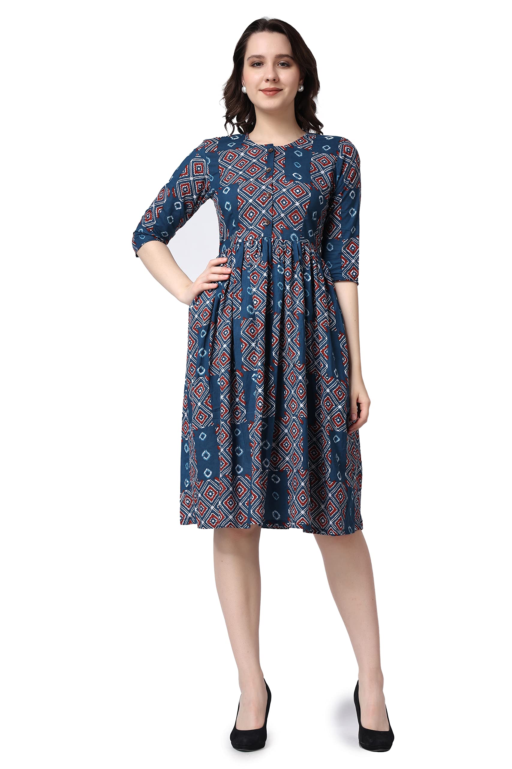 Popwings Casual Printed Peplum-Style Dress For Women || Cotton Summer Dress For Women || 3/4 Sleeves Dress For Women || Riound N