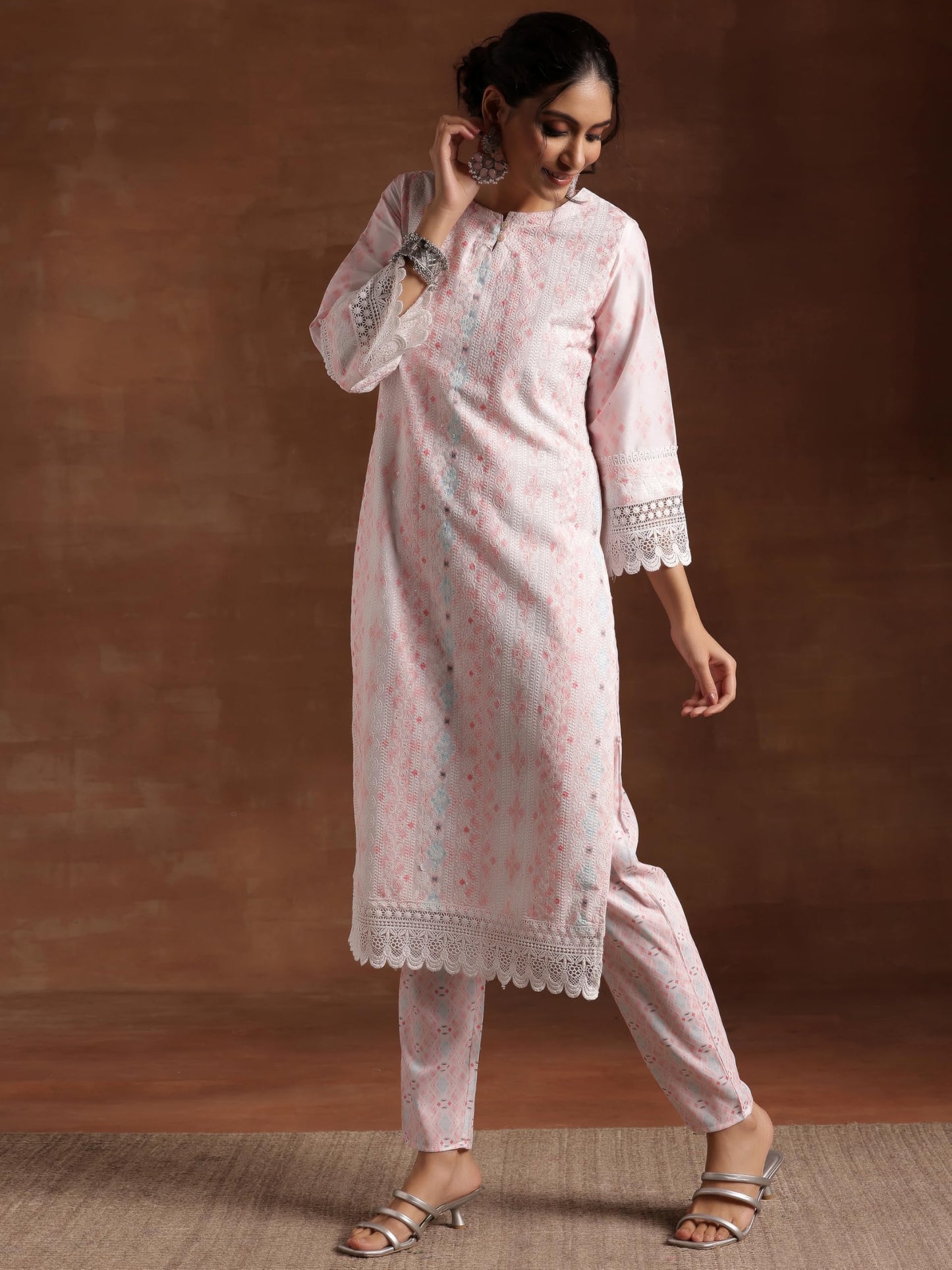Libas Womens Embroidered Cotton Blend Straight Kurta With Palazzos And Dupatta