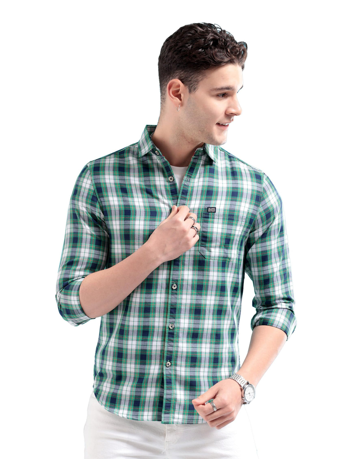 The Indian Garage Co Green Regular Fit Spread Collar Checkered Long Sleeves Shirt