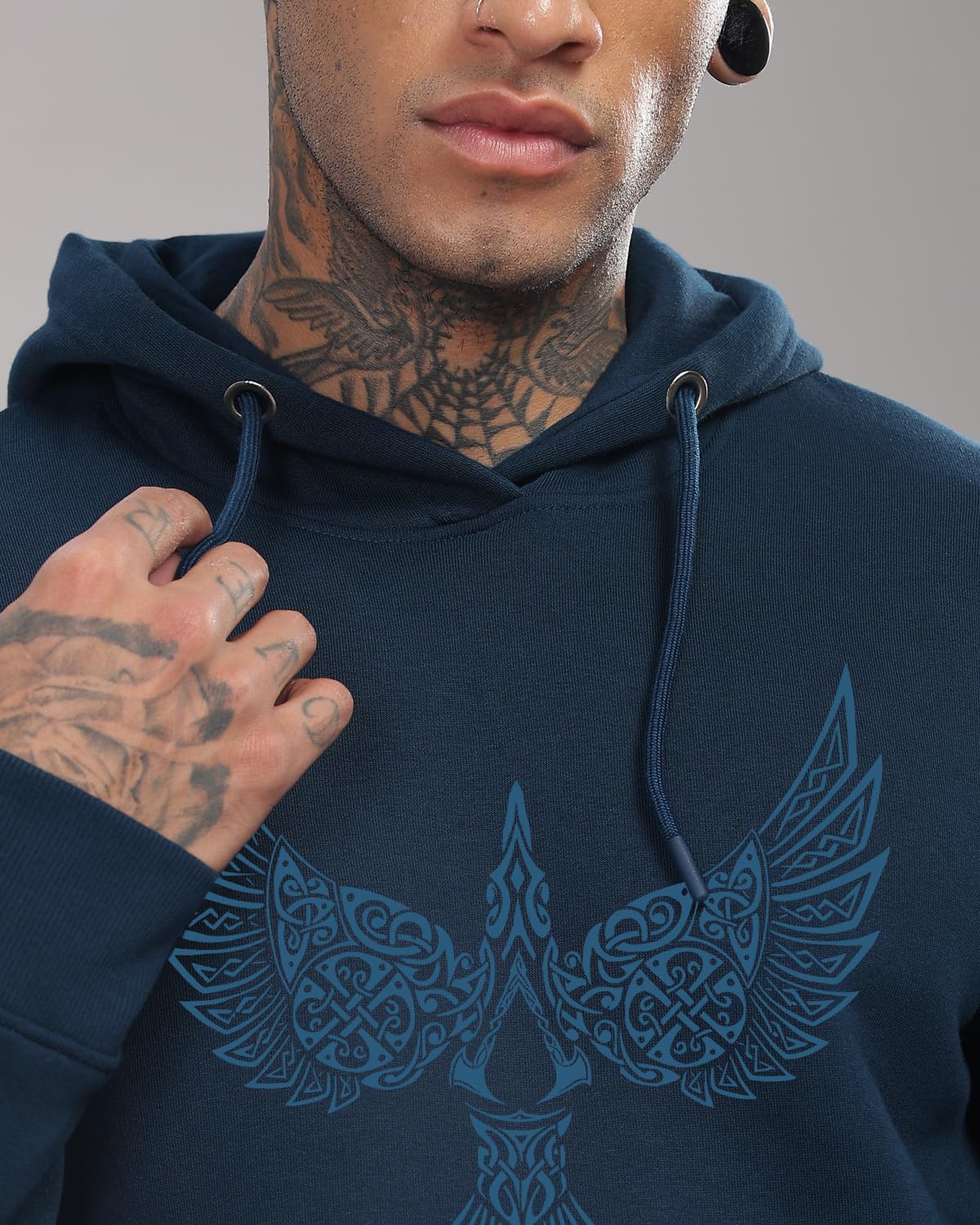 ADRO Men's Cotton Neck Hooded Sweatshirt (H24-BIRD-SB_Teal