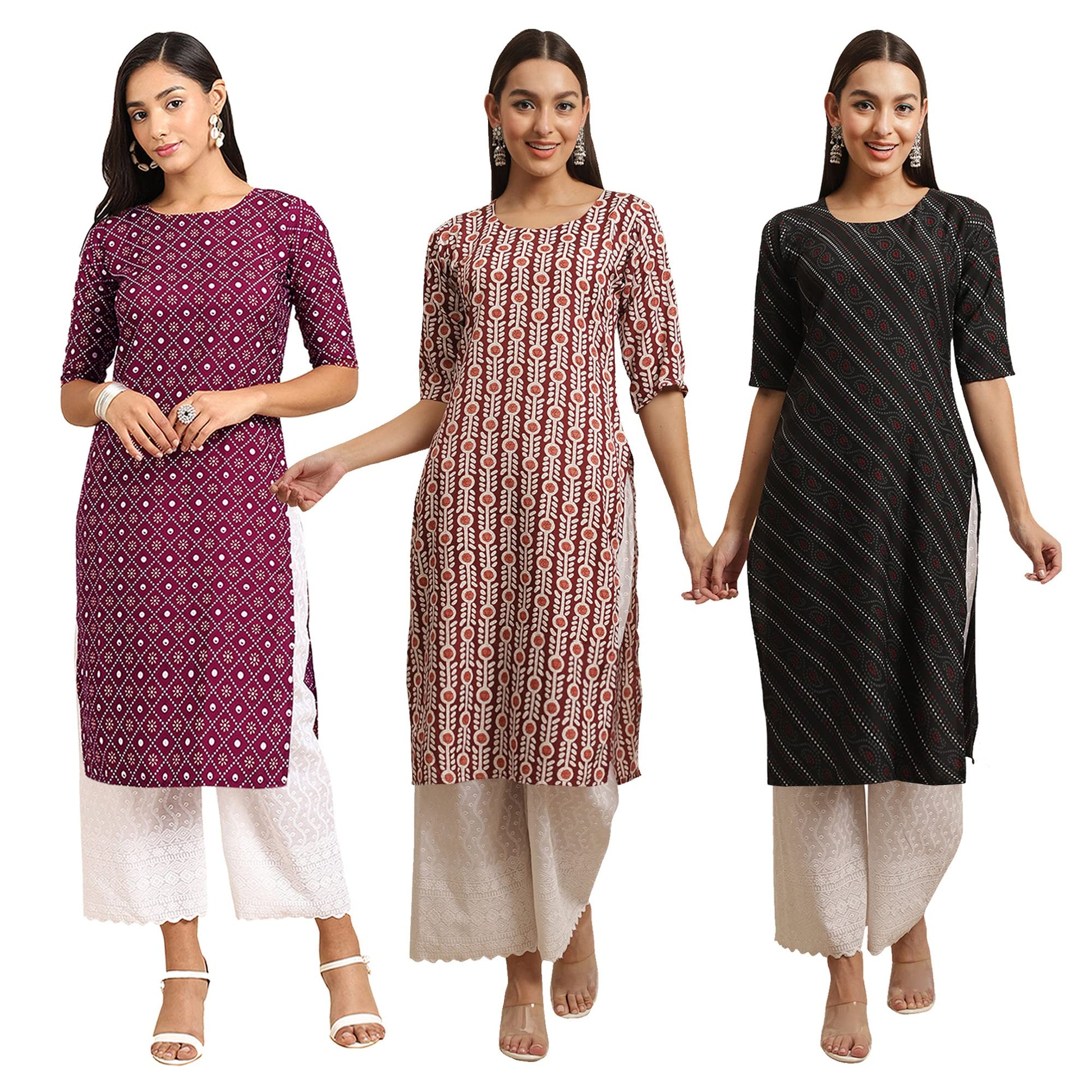 Pinkmint Women's Crepe Digital Print Straight Kurta [Pack of 3]