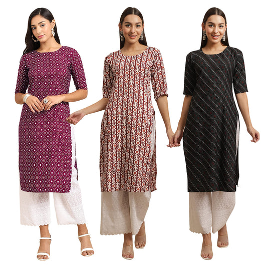 Pinkmint Women's Crepe Digital Print Straight Kurta [Pack of 3]