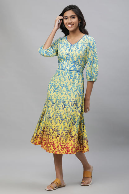 Aurelia Yellow Leaf Print Midi Dress For Women