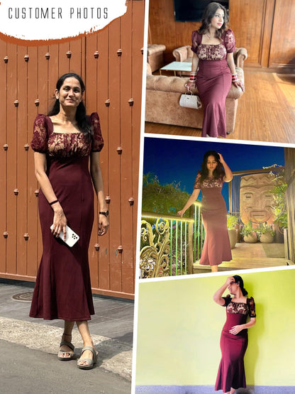 Miss Chase Womens Square Neck Short Puff Sleeve Self Design Lace Overlaid Bodycon Midi Dress (MCSS23D79-01-184-02, Wine, XS)