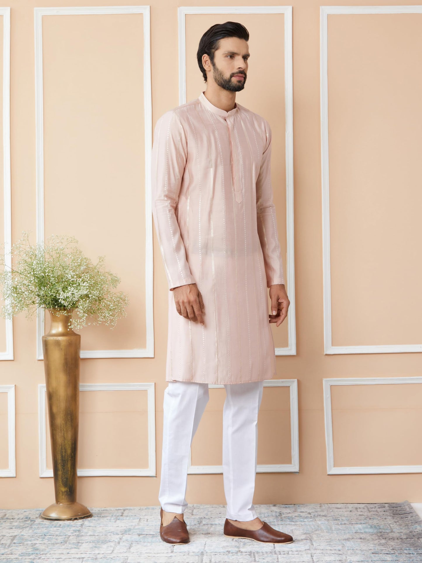 See Designs MenS Long Sleeve Mandarin Collar Side Slit Light Pink Sequins Embroidered Pure Chanderi Silk Straight Kurta - Sdkt2