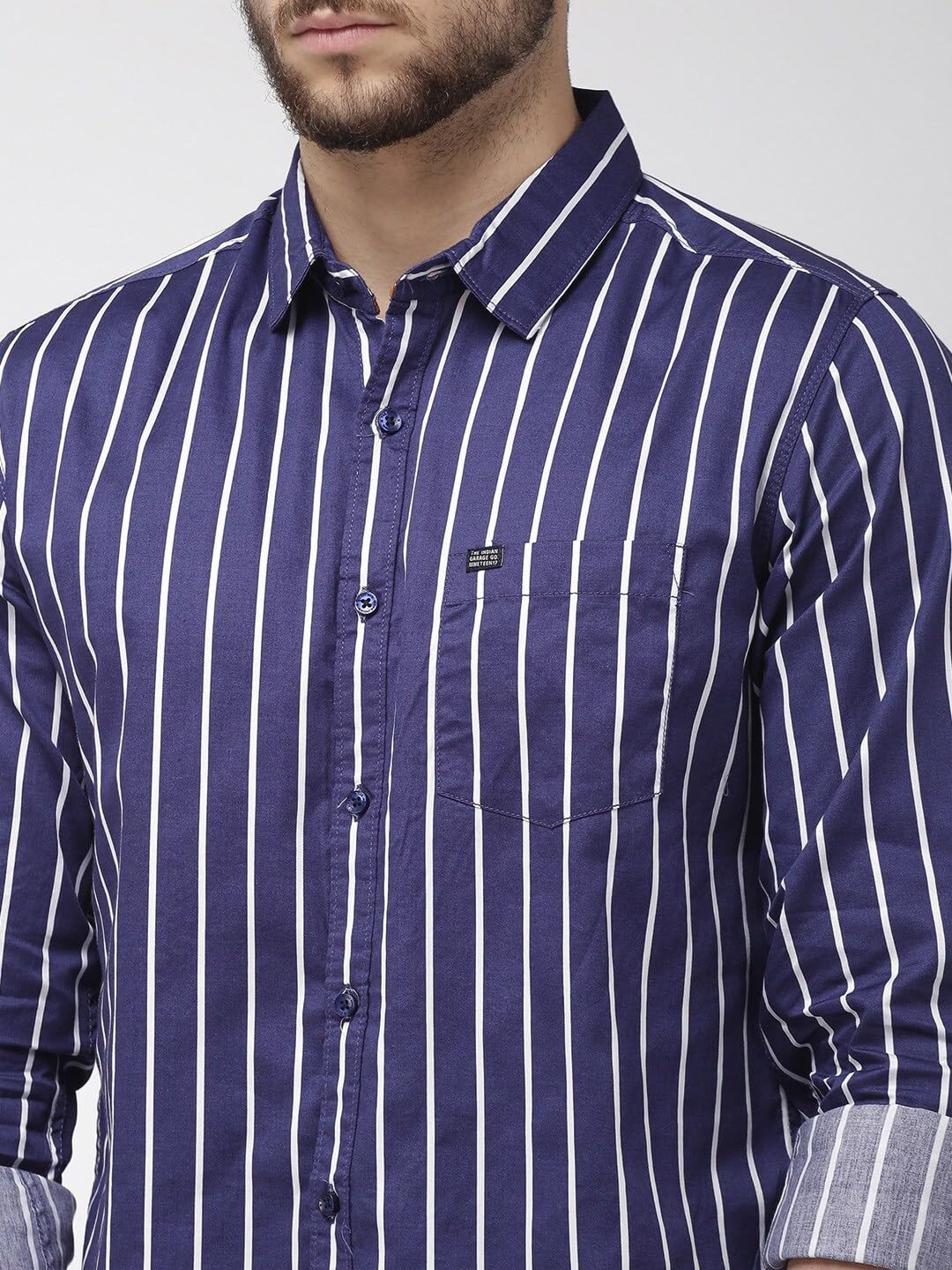 The Indian Garage Co Men Blue Striped Slim Fit Cotton Casual Shirt