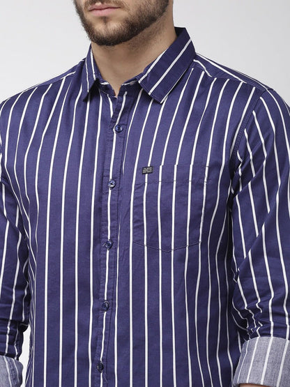 The Indian Garage Co Men Blue Striped Slim Fit Cotton Casual Shirt