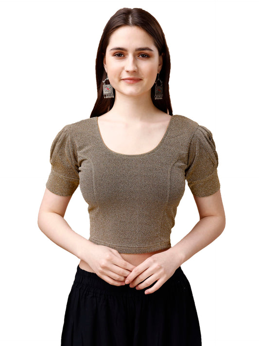 Pujia Mills WomenS Readymade Shining Lycra Stretchable Round Neck Half Puff Sleeve Blouses Lycra Stretchable Off Gold Color Blo