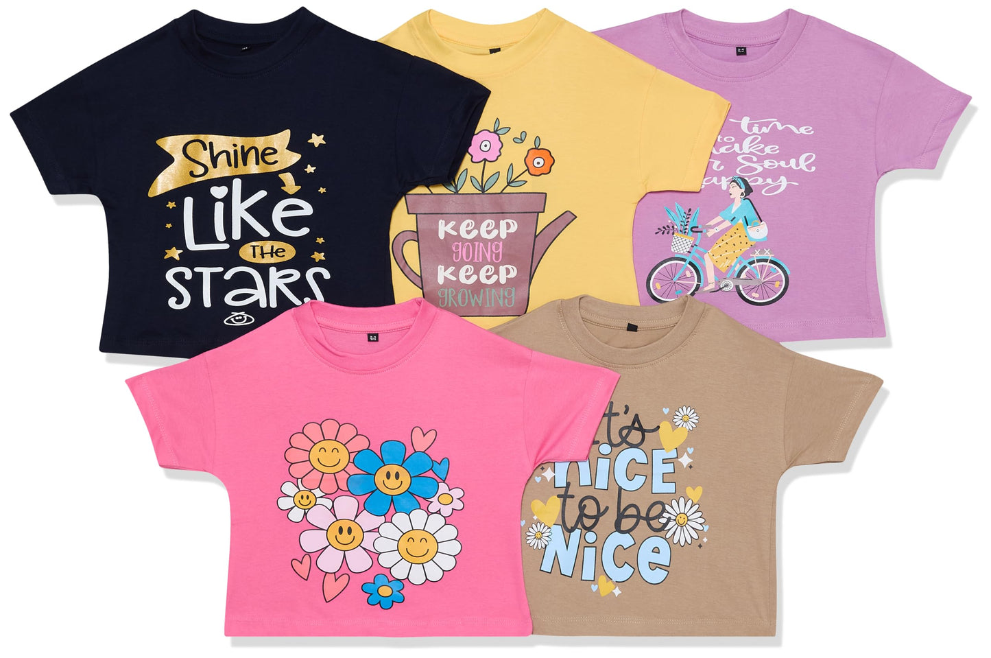 T2F Girls Cotton Printed Oversized Fit Crop Top (Pack of 5)