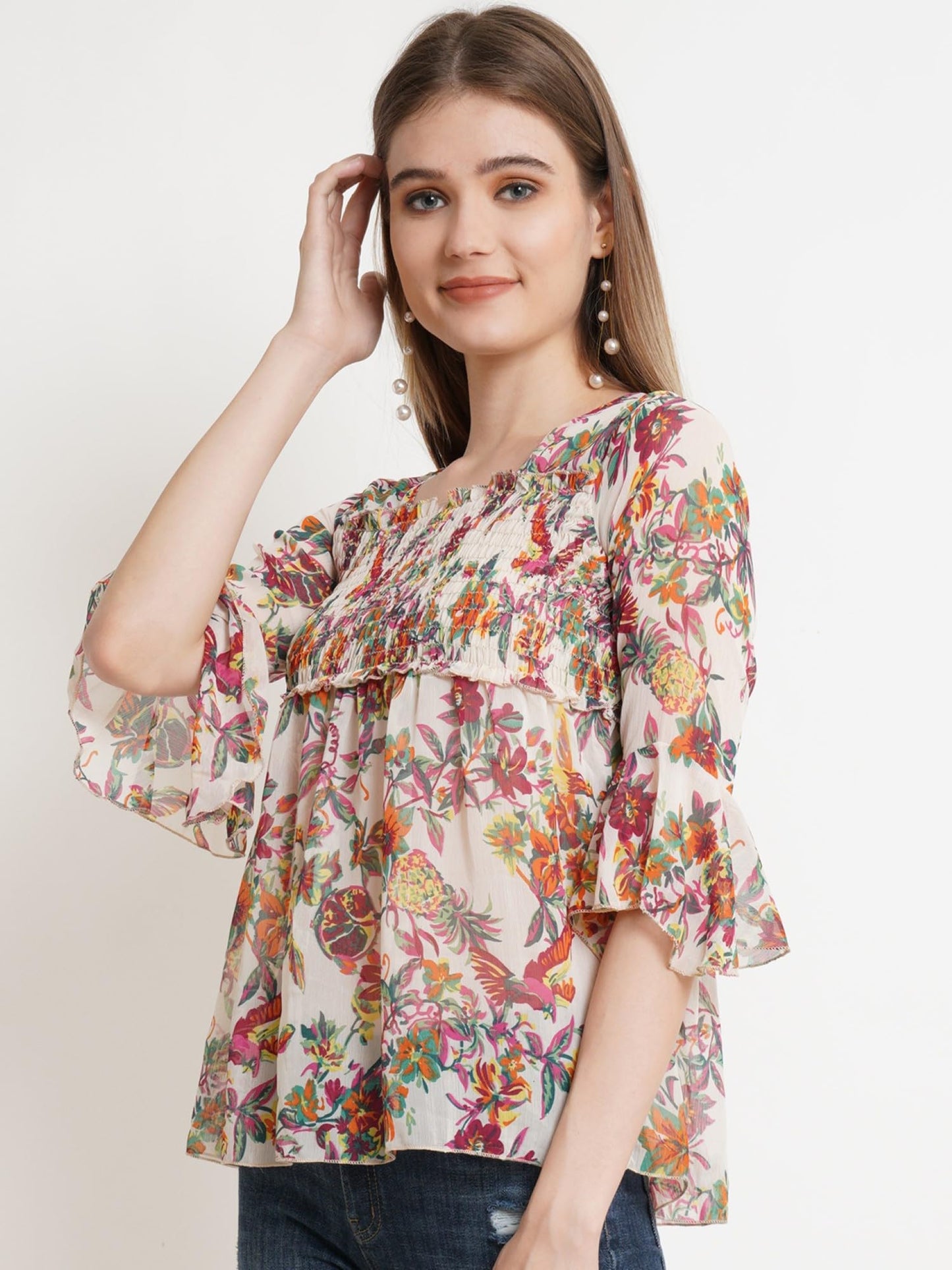 POPWINGS Printed Chiffon Peplum Tops for Women || 3/4th Sleeves Square Neck Women Tops for Summer || Stylish Western Smocking Wo
