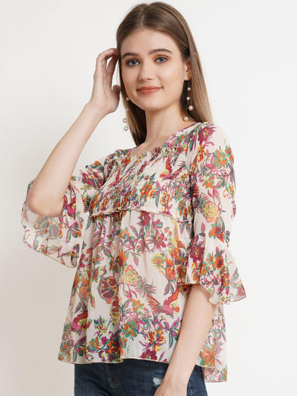 POPWINGS Printed Chiffon Peplum Tops for Women || 3/4th Sleeves Square Neck Women Tops for Summer || Stylish Western Smocking Wo