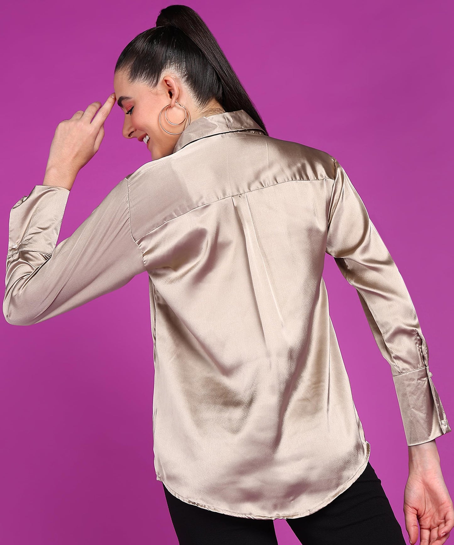 POPWINGS Women Polyester Solid Satin Shirt | Satin Shirts Stylish Western| Regular Fit and Full-Sleeves Casual and Semi-Formal S