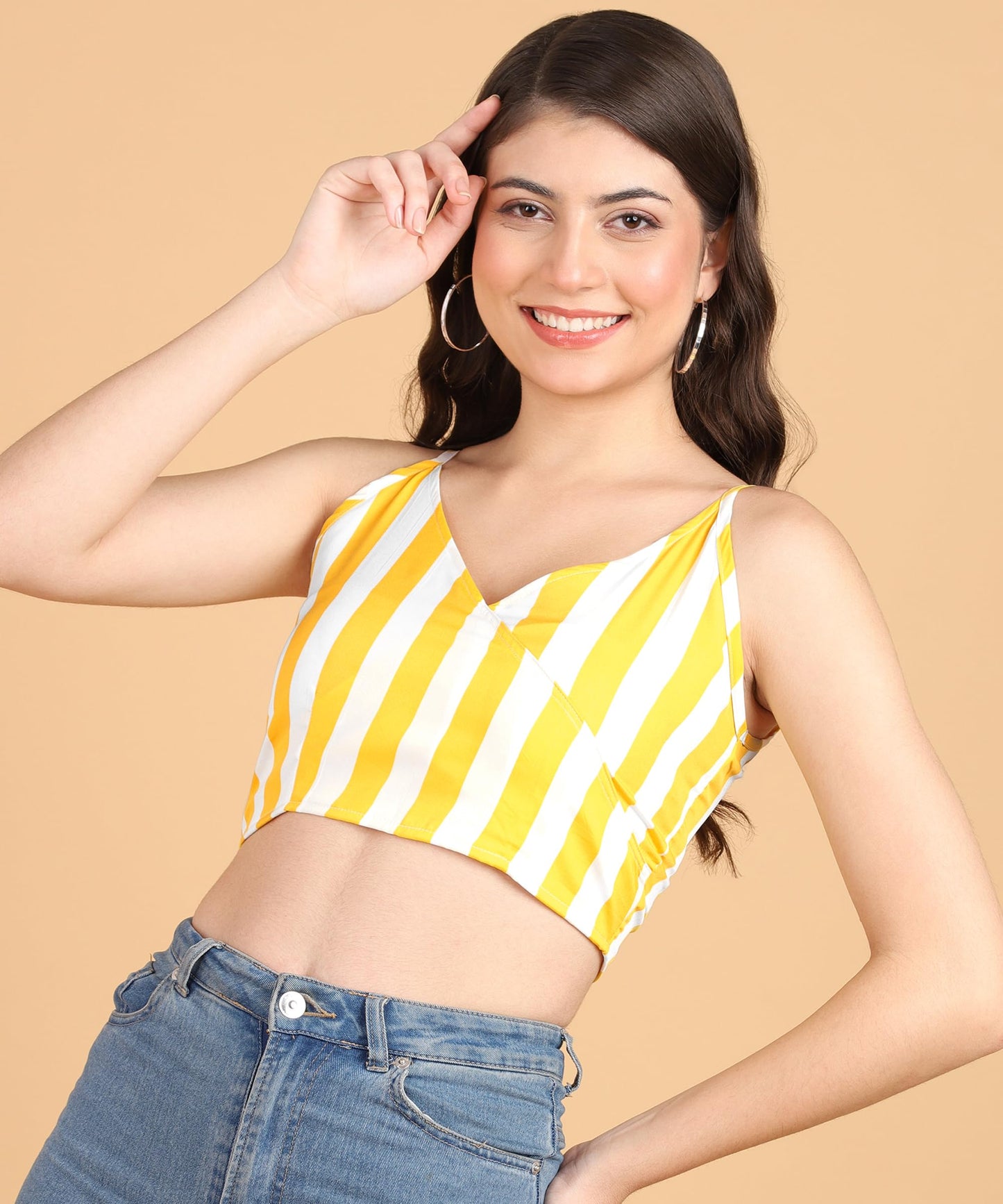 POPWINGS Women Casual Yellow & White Stripe Print Strap Crop Top