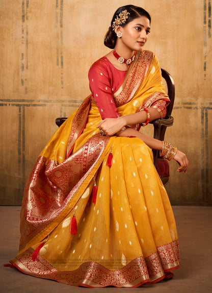 Pujia Mills Women Banarasi Woven Tissue Silk Saree With Zari Butta Work Indian Ethnic Wear Designer Wedding Saree 2025 Woven Gol