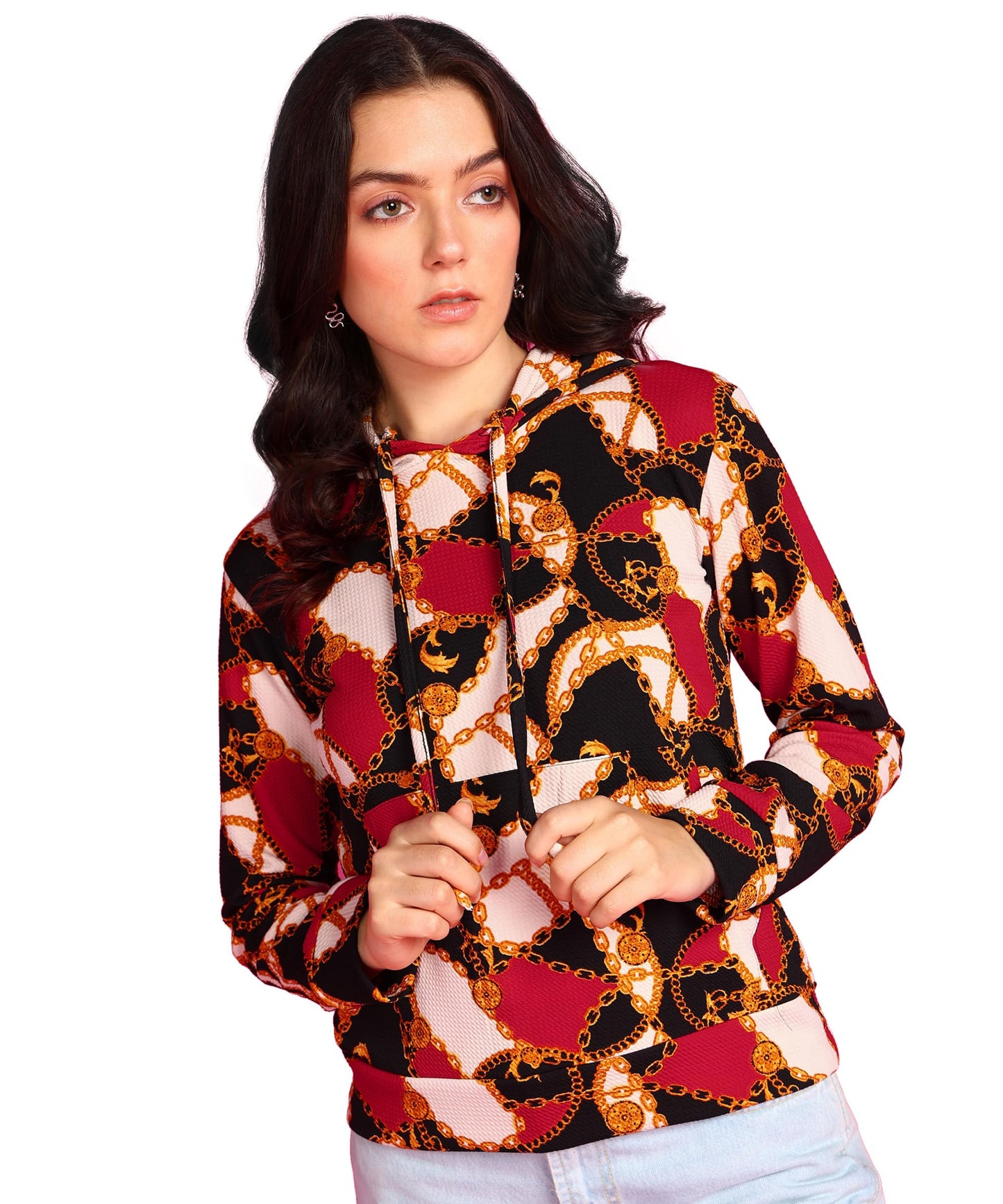 POPWINGS Women Casual Multicolor Chain Print Hooded Pocket Sweatshirt | Winter Wear | Trendy Printed Sweatshirts