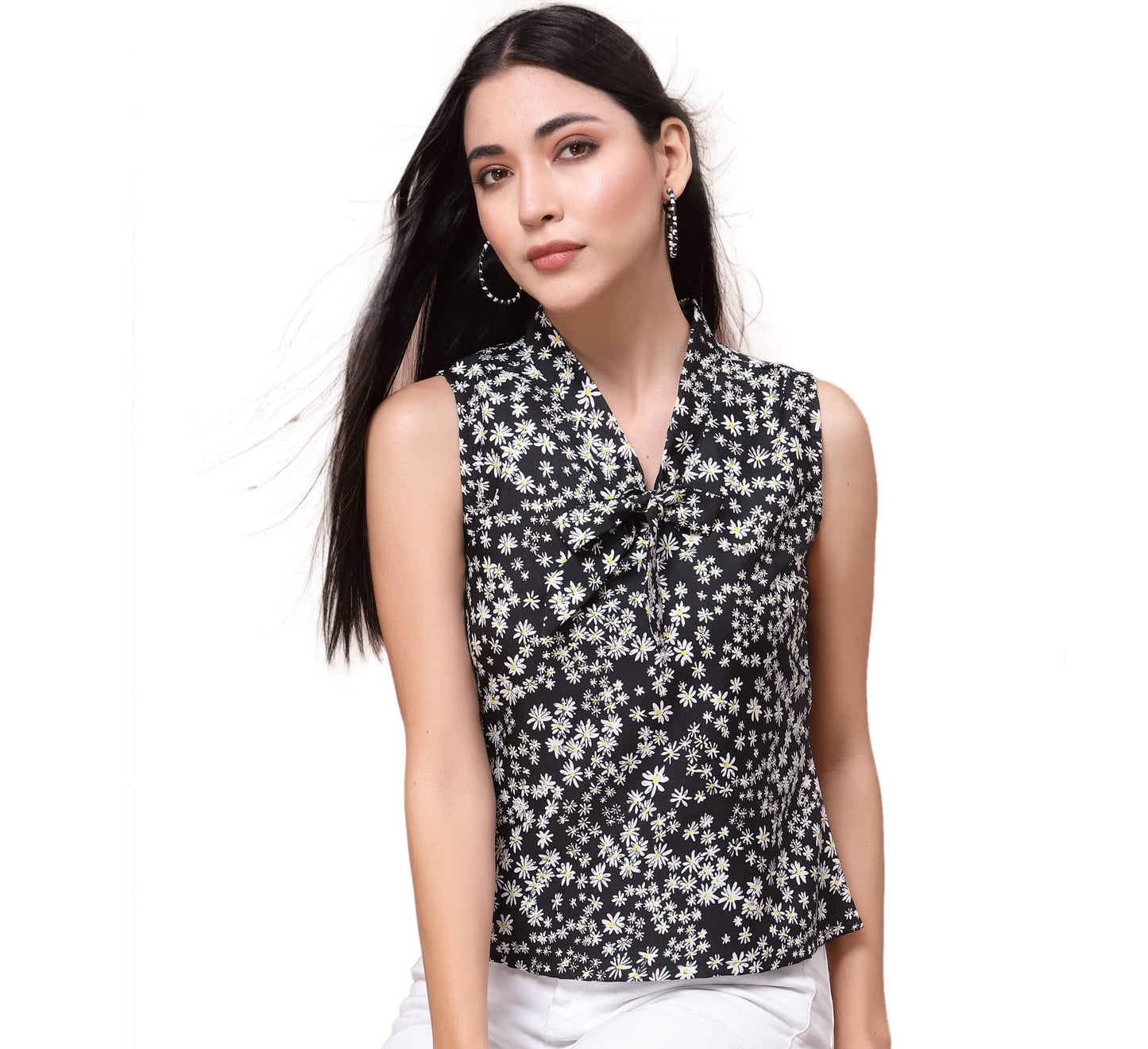 OOMPH! Womens Crepe Printed top with Tie Neck and Sleeveless