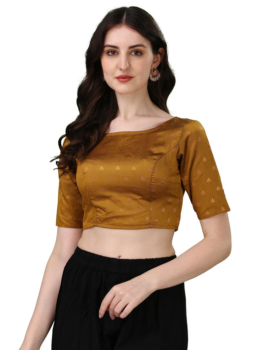 Oomph! WomenS Indian Ethnic Wear Designer Leaf Pattern Boat Neck Half Sleeve Brocade Brown Blouse For Saree Or Lehnga And Blous