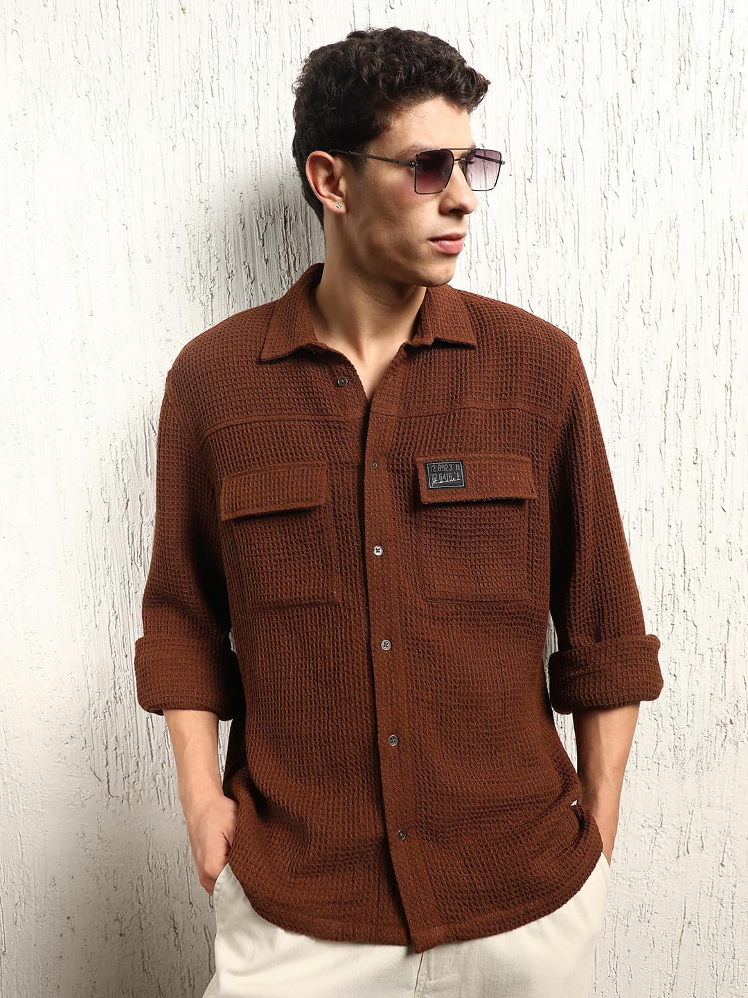 Hubberholme Men Summer Cotton Spread Collar Long Sleeves Oversized Casual Shirt 24 Brown