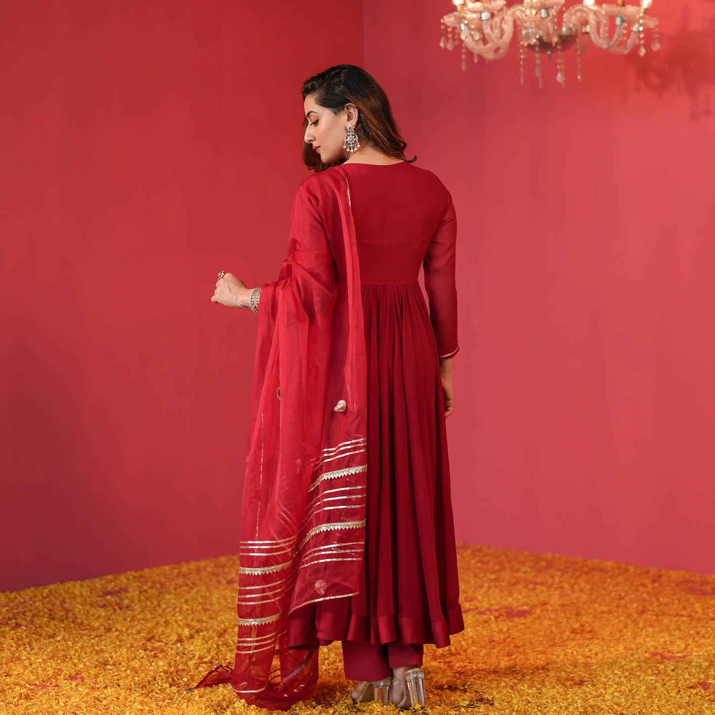 GoSriKi Women's Anarkali Kurta with Pants & Dupatta, Rayon Blend, Size 36, Red, Model JAYNTI RED-GS