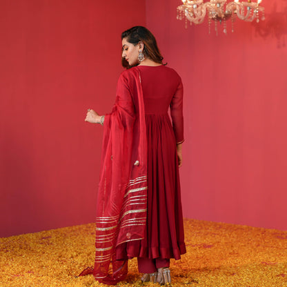 GoSriKi Women's Anarkali Kurta with Pants & Dupatta, Rayon Blend, Size 36, Red, Model JAYNTI RED-GS