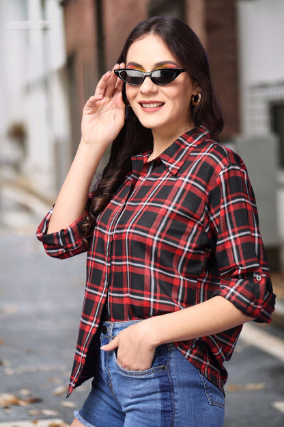 POPWINGS Casual Checks Print Shirt for Women | Cotton Full-Sleeves Women Shirt | Summer Shirt for Women | Stylish Shirt for Wome