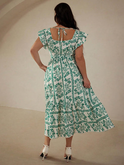 Shasmi GirlS & WomenS White And Green Boho Random Print Casual Vacation Ruffled Square Neck Short Sleeve Summer Dresses With A