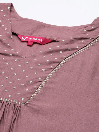 Varanga Mauve Embroidered A-Line Kurta with Palazzo and Dupatta