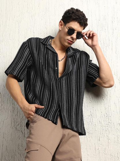 Hubberholme Men Summer Cotton Spread Collar Short Sleeves Oversized Casual Shirt 40 Black
