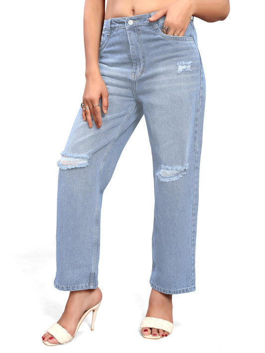 ELLITI Womens Knee Cut Sky Blue Colour Regular Fit High Rise Relaxed/Boyfriend Fit, Wide Leg, Bell Bottom, Pure Denim Below Ank