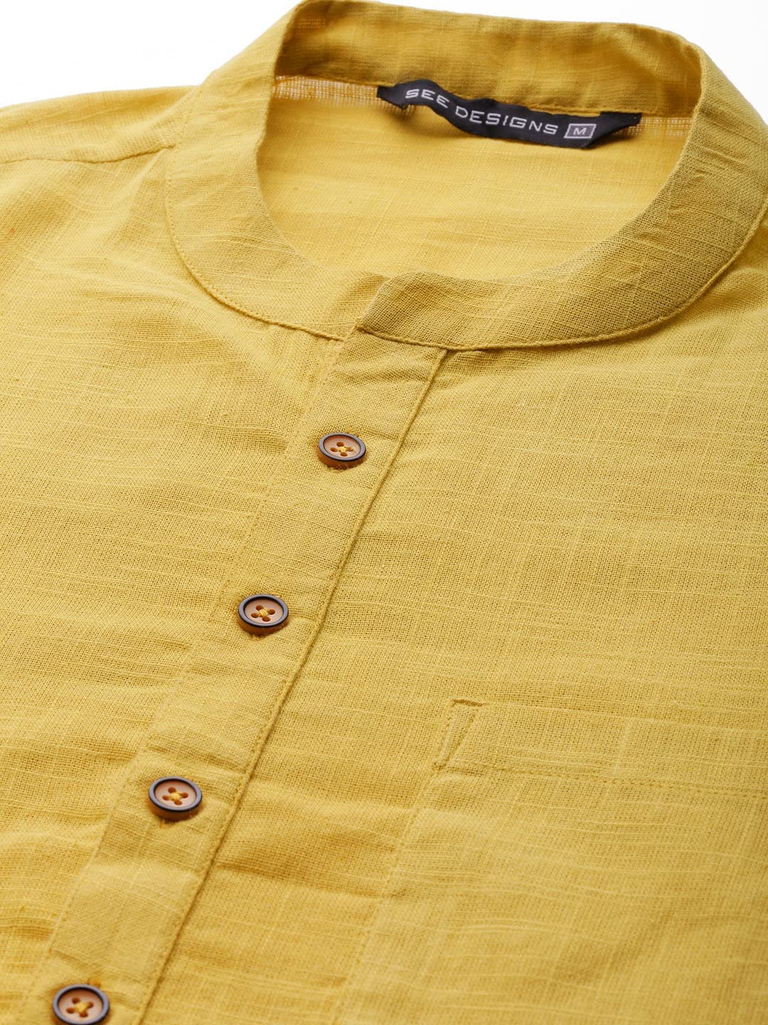 See Designs Yellow & White Cotton Regular Fit Kurta Set Madern Collar Stright Hem Side Full Sleeve Straght Kurta With Pyjama_Sdk