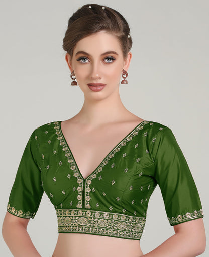 Pujia Mills Woman Readymade Ethnic Wear Deep V Neck Classic Butti Design Half Sleeve Mehendi Green Online Embroidery Zari Work B