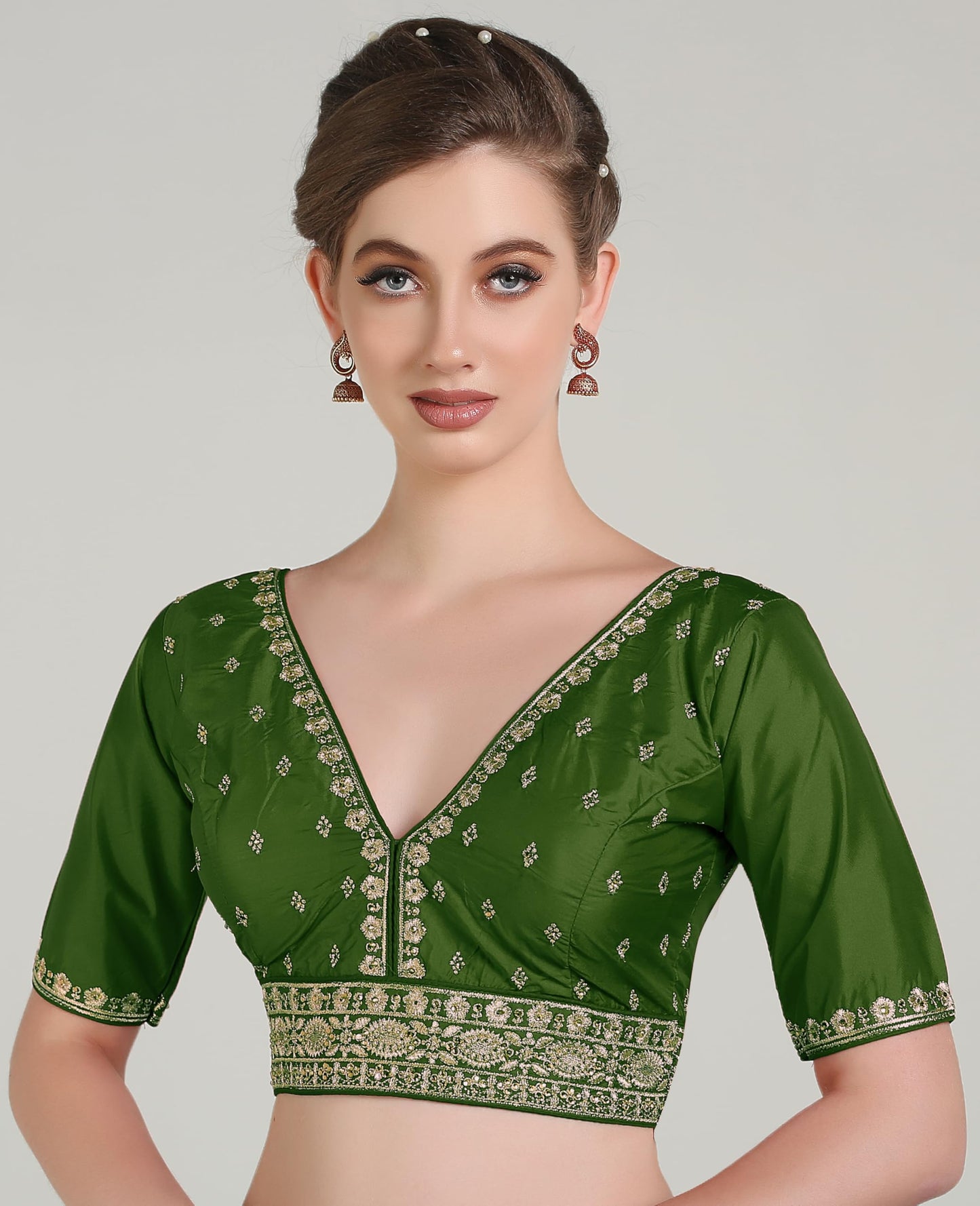 Pujia Mills Woman Readymade Ethnic Wear Deep V Neck Classic Butti Designer Half Sleeve Red Blouse Online Embroidery Zari Work Wi