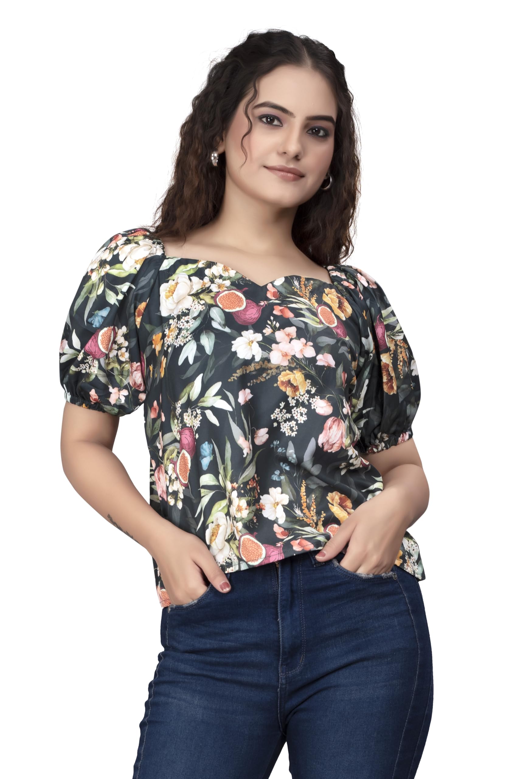 PATLANI Womens Dark Blue Floral Printrd Fullstitched Moss Top.
