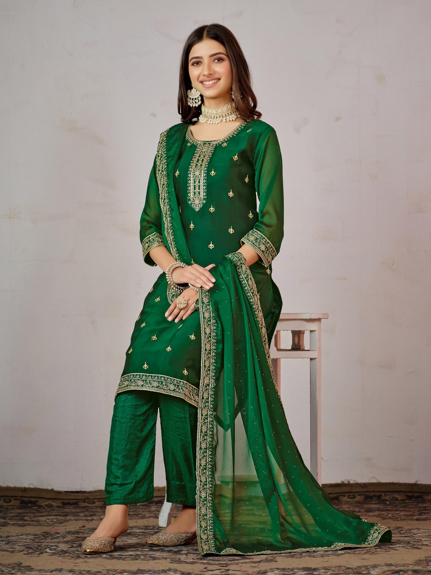 ishin Women'S Ethnic Green Embroidered Motifs Art Silk Kurta Set With Dupatta