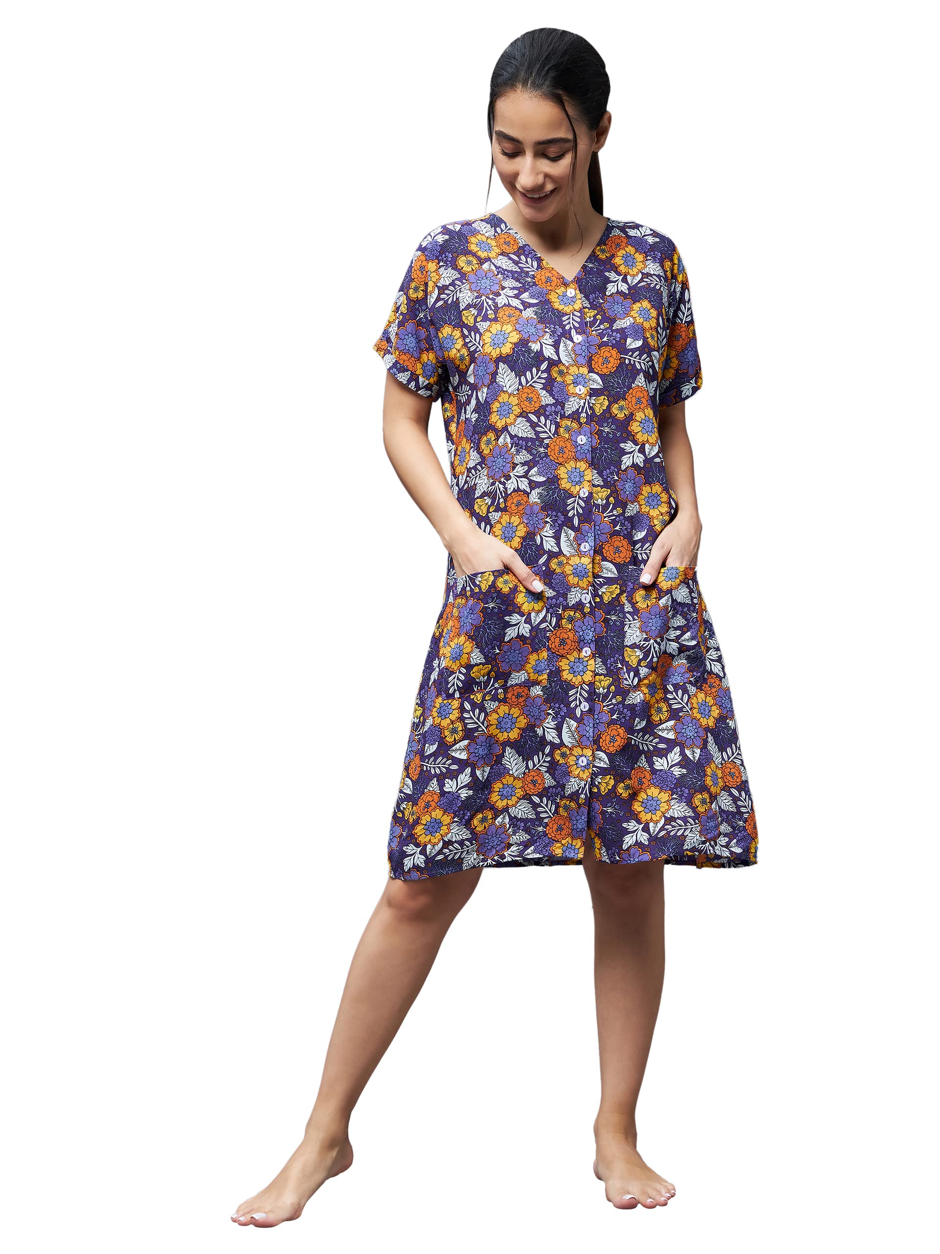 Miss Chase Womens Purple V Neck Short Sleeve Printed Button Down Placket Knee-Long Shift Dress (MCSS22NW08-08-70-04, Purple, M)