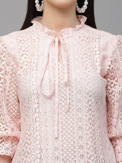Style Quotient Women Peach Self Design Lace Regular Smart Casual Tops