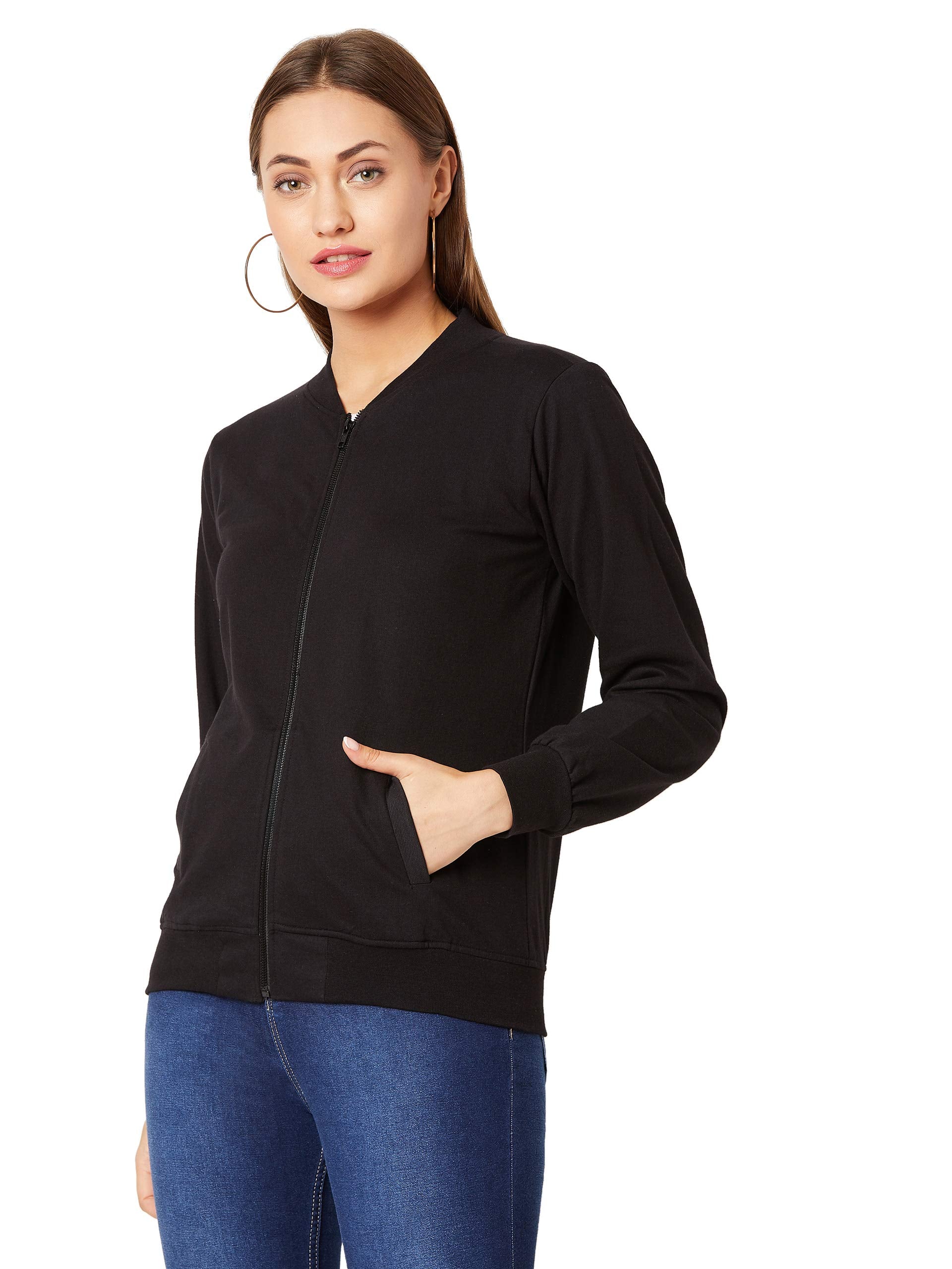 Miss Chase WomenS Black Solid Ribbed Bomber Jacket(Mcaw19Jkt02-80-62-06,Black,X-Large)