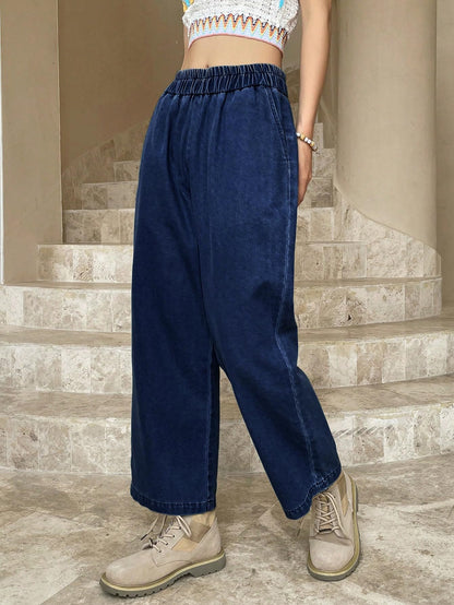 Shasmi Girls & Womens Dark Blie Denim Cotton Elastic Waist Cropped Straight Ankle Length Wide Leg Casual Baggy Jeans for Women