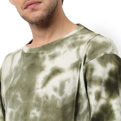 Campus Sutra Mens Green Tie-Dye Regular Fit Co-Ords for Winter Wear | Half Sleeve Shirt | Collared Neck | Shorts | Textured Clo