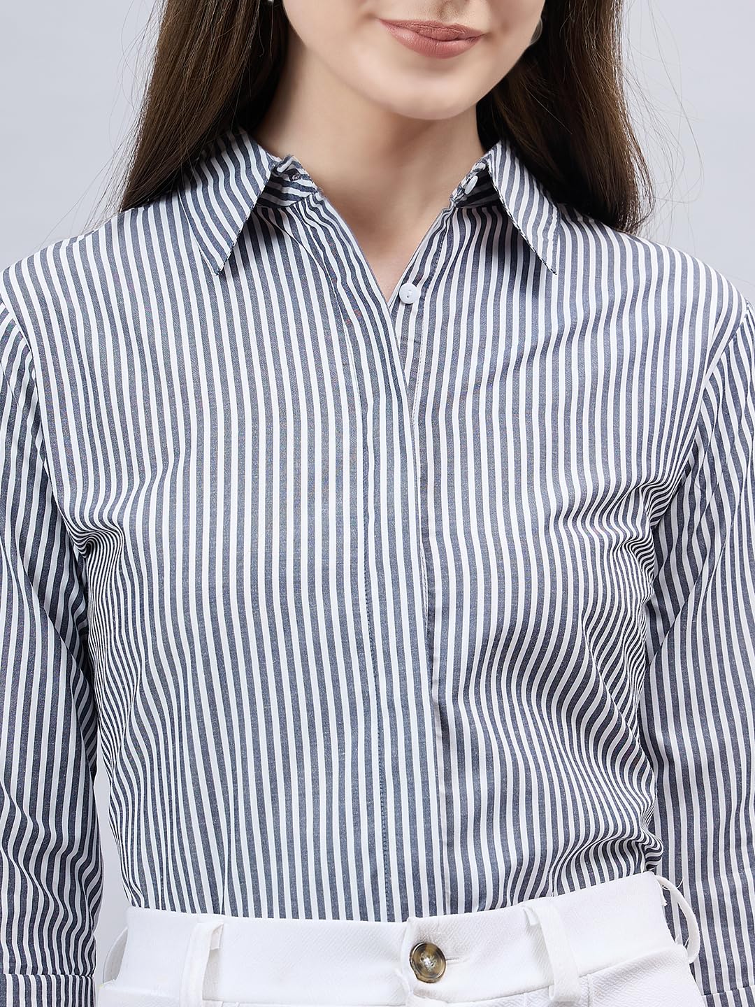 Style Quotient Women Black and White Stripe Polycotton Regular Fit Formal Shirt