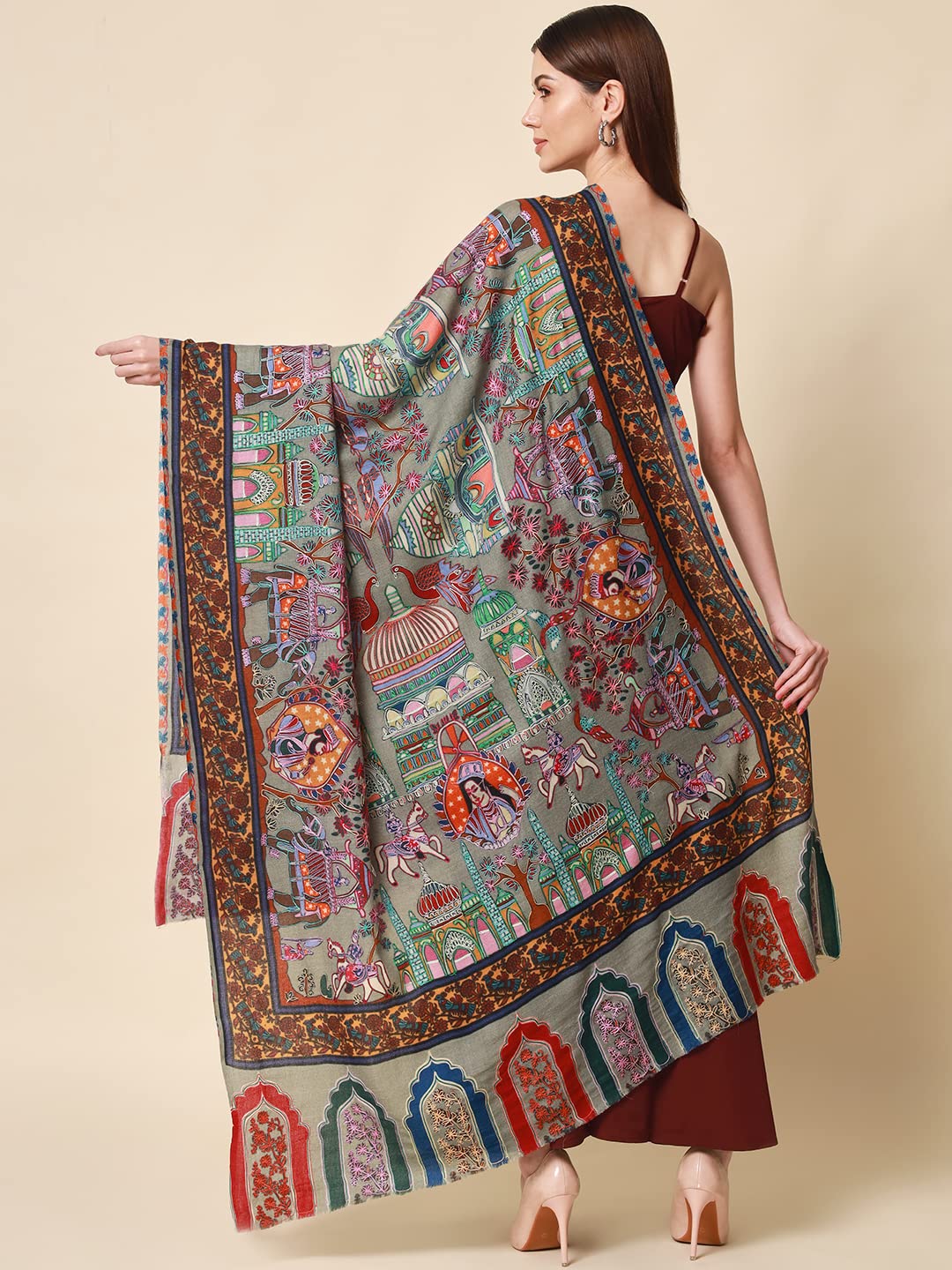 Pashmoda Women Noor Pure Wool Kalamkari Hand Embroidered Shawl (Size: 101 X 203 Cms)