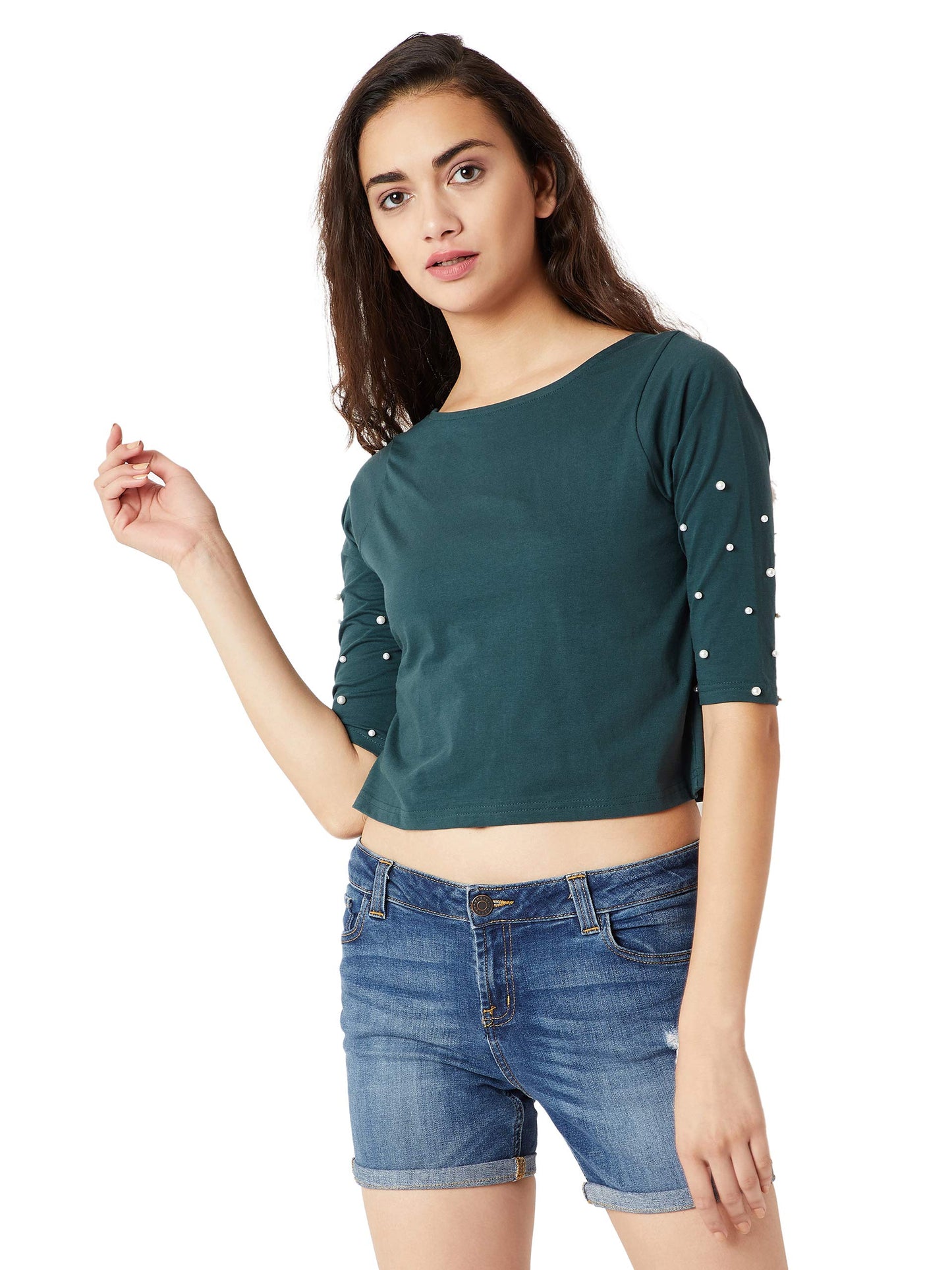 Miss Chase WomenS Green Pearl Crop Top(Mcaw18Tp11-72-48-06_Green_X-Large)